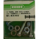 Kit 4 Tornillos DIN 933 C/Hex con Tuerca y Arandela M-6x40